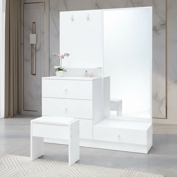 تسريحة غرفة نوم عصرية باللون الأبيض مع مرآة وكرسي - DT-9636