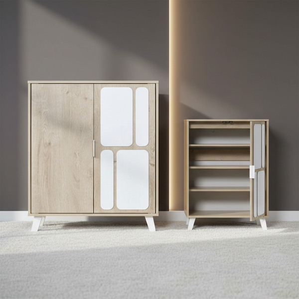 خزانة أحذية خشبية عصرية SR-218 - لون سنديان وأبيض