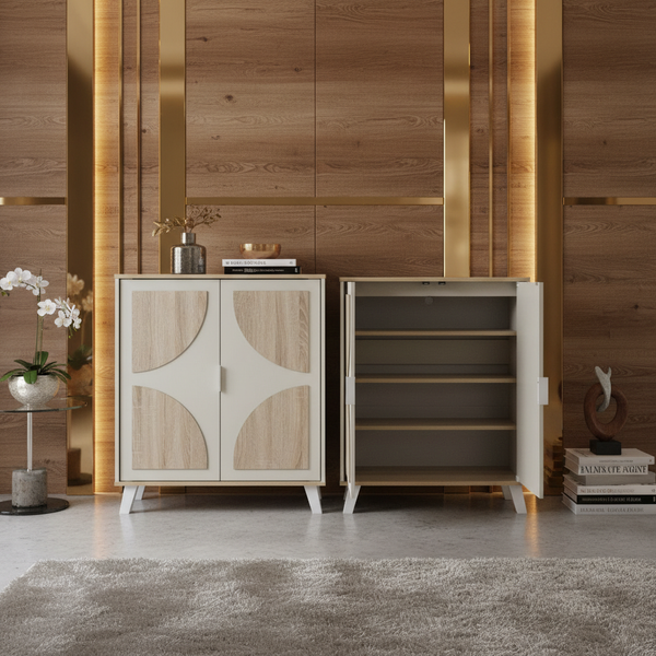 خزانة أحذية خشبية عصرية بلون أخضر الغابة وبلوط سونوما - SR-215