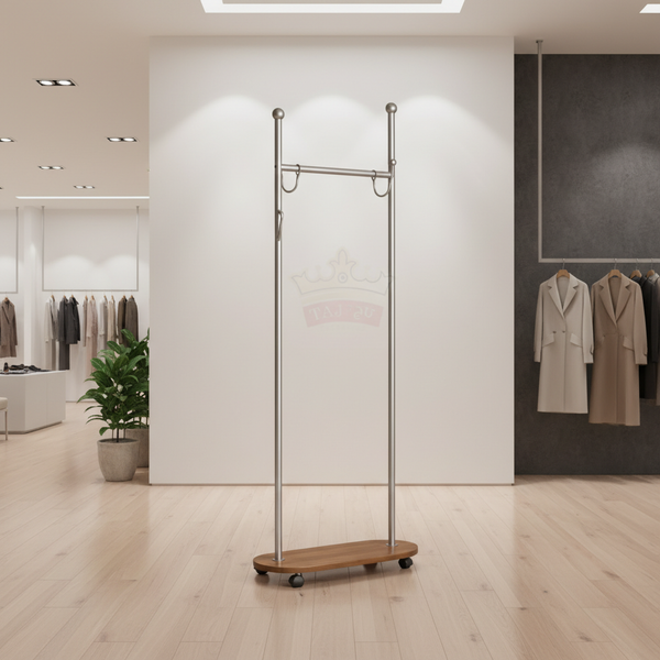 حامل ملابس معدني فاخر باللون الفضي مع قاعدة خشبية وعجلات - 1009-SILVER