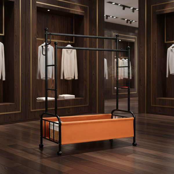 حامل ملابس معدني مزدوج فاخر مع سلة تخزين - 1010-BLACK