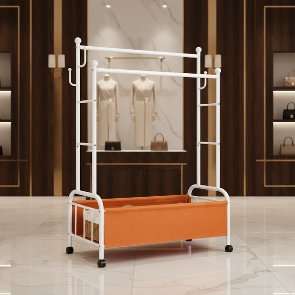 منظم ملابس مزدوج فاخر مع سلة تخزين وعجلات - 1011-WHITE