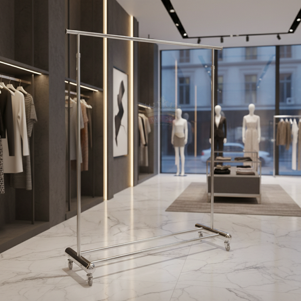 حامل ملابس معدني كروم فضي أنيق بعجلات للمتاجر والمنازل - OSH-2311