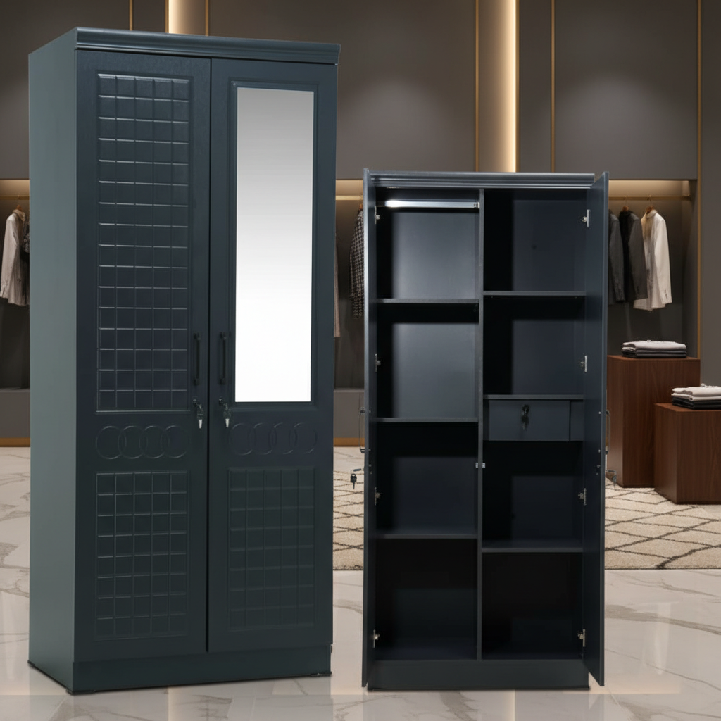 خزانة ملابس عصرية ببابين مع مرآة وتصميم شبكي - S9622-2 SILVER