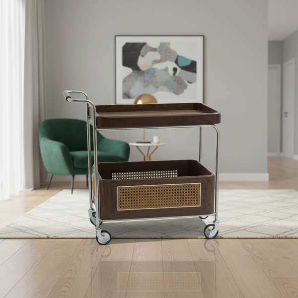 عربة تقديم عصرية خشبية بتصميم راقٍ وإطار فضي - 101 (SILVER)