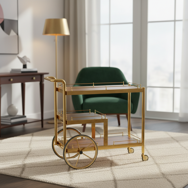 عربة تقديم فاخرة باللون الذهبي مع أرفف خشبية - 104 (GOLD)