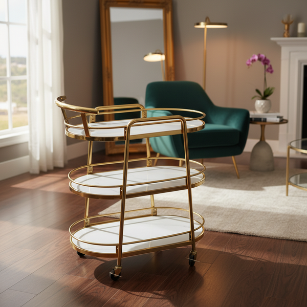 عربة تقديم طعام ذهبية فاخرة ثلاثية الأدوار - 106-(GOLD)