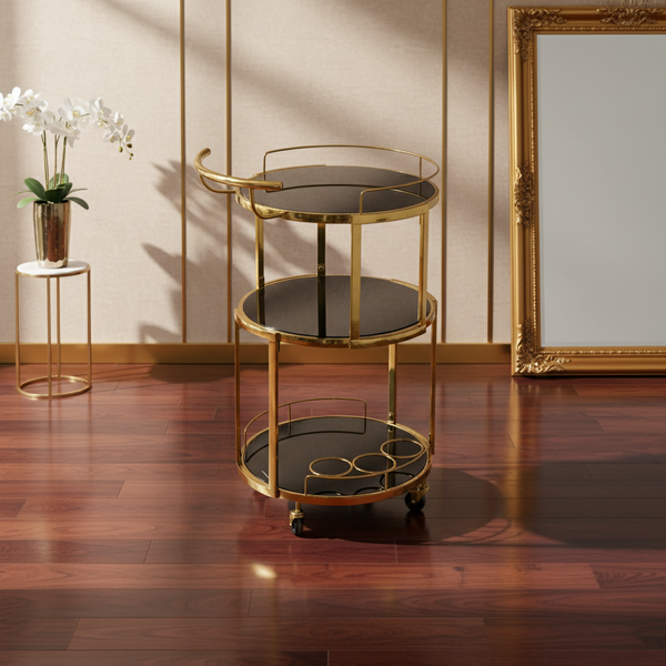 عربة تقديم ذهبية دائرية بـ 3 رفوف زجاج أسود فاخرة - 109
