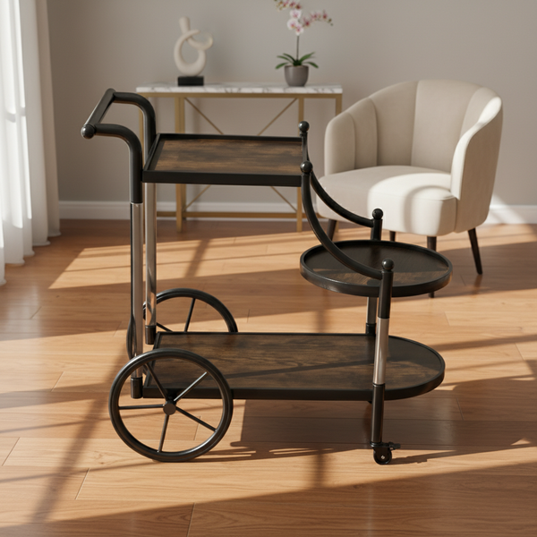 عربة تقديم طعام وضيافة كلاسيكية 3 طبقات باللون الأسود والخشب - 111-BLACK