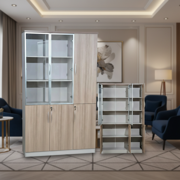 خزانة مكتبية خشبية فاخرة بلون الجوز مع أبواب زجاجية وأقفال أمان - 12FC03-3X