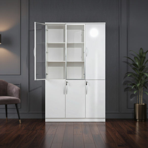 خزانة مكتب خشبية فاخرة باللون الأبيض مع أبواب زجاجية وسفلية مغلقة - 12FC03-3X