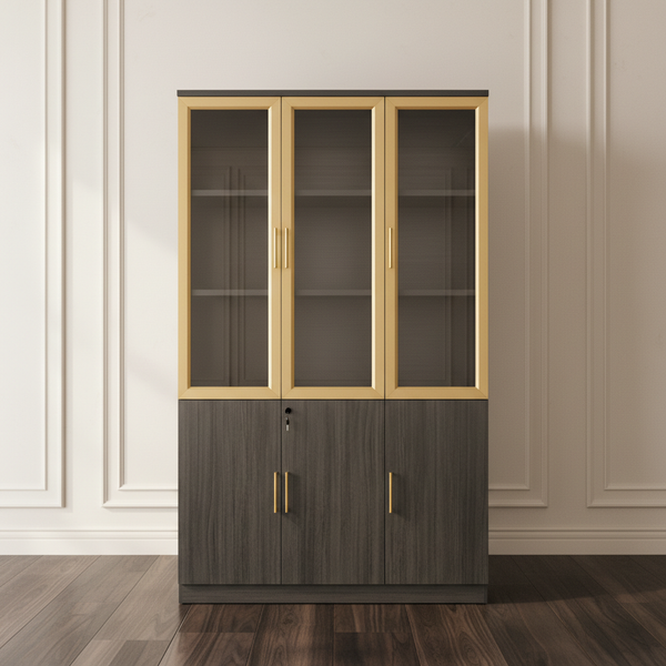 خزانة عرض ومكتبة تخزين فاخرة باللون الرمادي والذهبي - B801