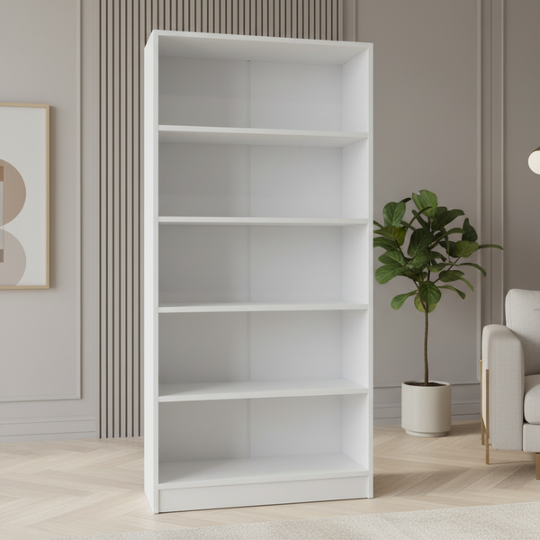 خزانة كتب خشبية عصرية بـ 5 رفوف باللون الأبيض الأنيق - BS02 WHITE