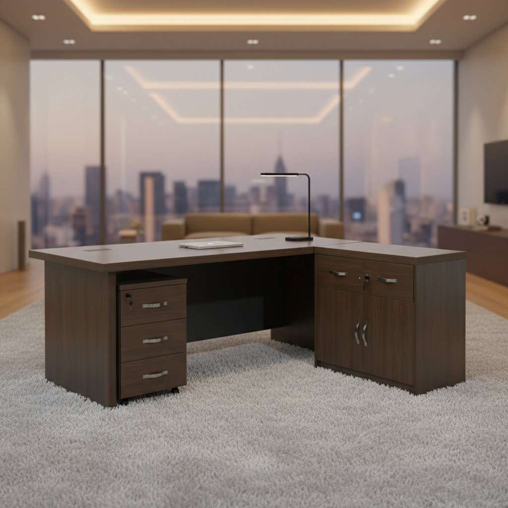مكتب مدير تنفيذي فاخر على شكل حرف L مع وحدات تخزين متكاملة - موديل KP07-18