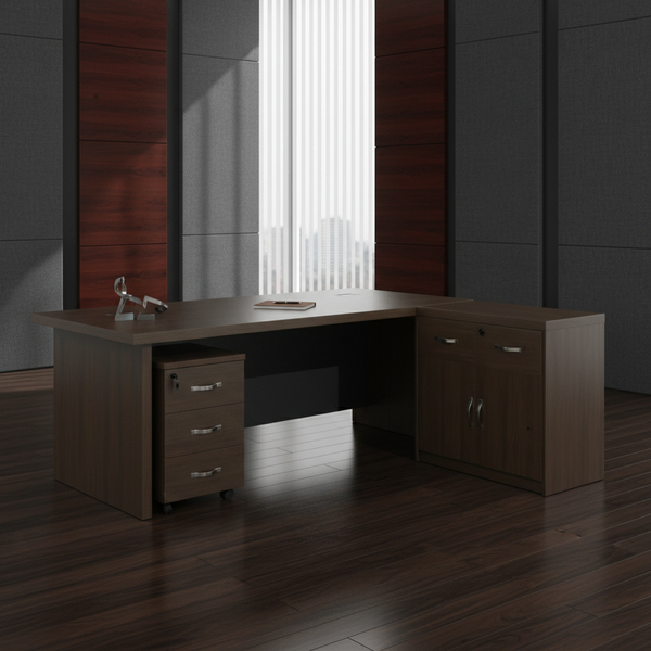 مكتب مدير تنفيذي فاخر بتصميم حرف L مع وحدة أدراج وخزانة جانبية - KP03-18