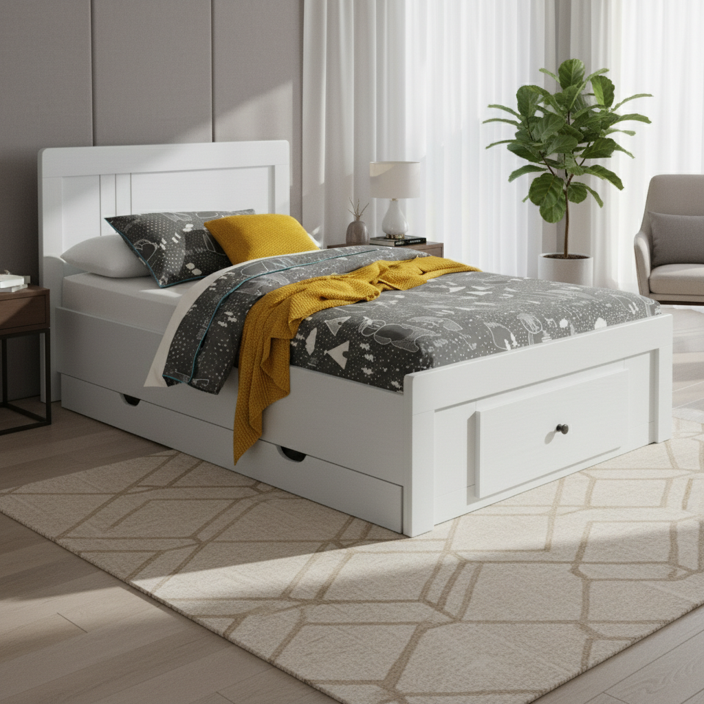سرير عصري مفرد باللون الأبيض مع درج تخزين مدمج موديل BDM-7090