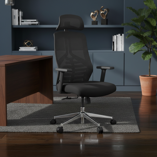 كرسي مكتب مريح بظهر شبكي ومسند رأس موديل HT-417 A (BLACK) -