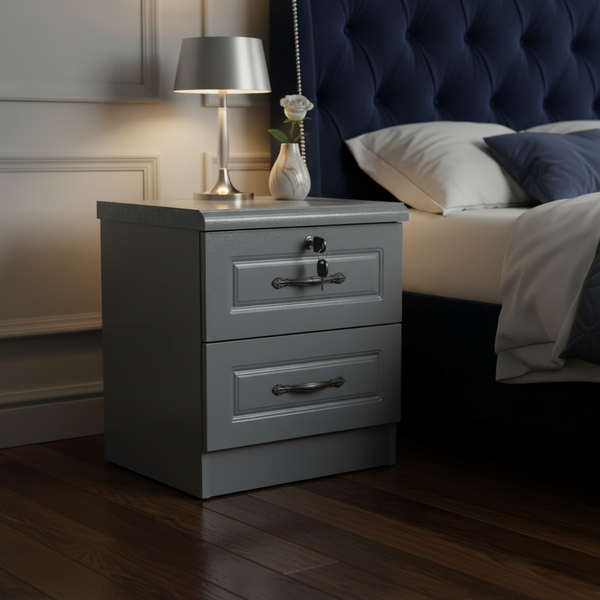 طاولة جانبية للسرير (كومودينة) عصرية بلون فضي مع درجين وقفل أمان - NS-9622 - SILVER