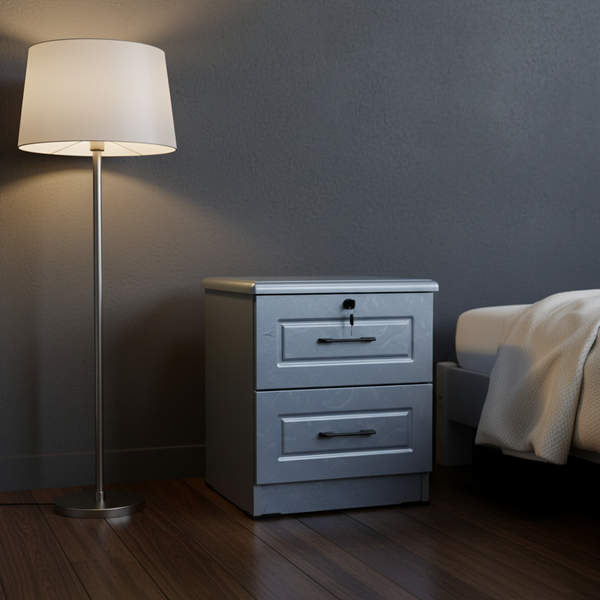 خزانة جانبية للسرير (كومودينو) فضية اللون مع درجين وقفل أمان - موديل NS A9622