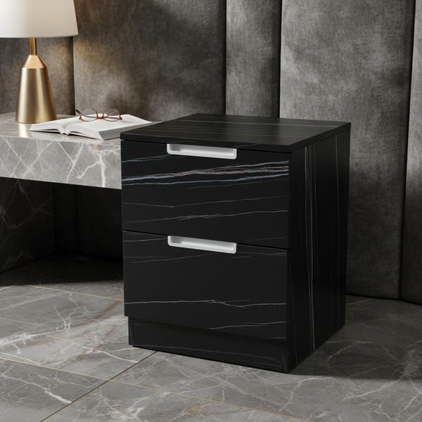 طاولة جانبية للسرير مودرن بلون أسود رخامي مع درجين - 2888 (BLACK)