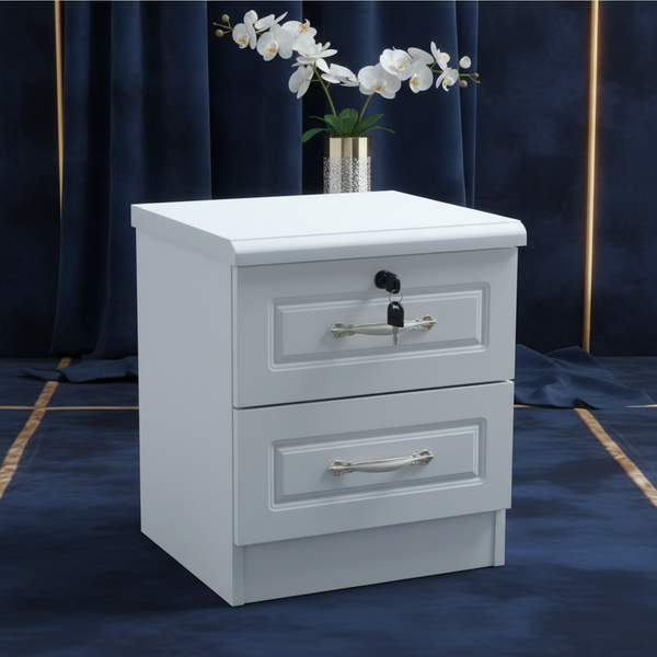 طاولة سرير جانبية عصرية باللون الأبيض مع درجين وقفل أمان - موديل NS-9622 WHITE