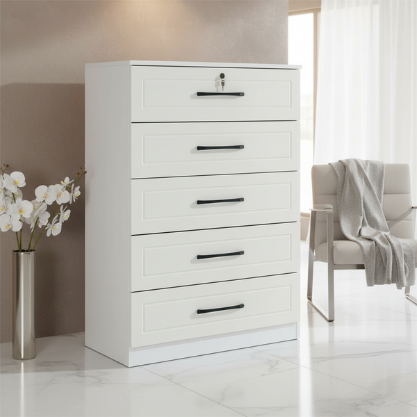 خزانة أدراج بيضاء أنيقة مع 5 أدراج وقفل للأمان - CH-9622