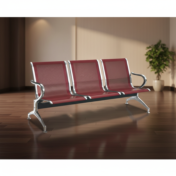 كرسي انتظار ثلاثي المقاعد معدني باللون الماروني والكروم - موديل YA 19F