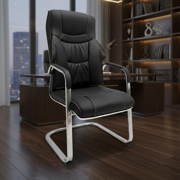 كرسي مكتب فاخر بجلد أسود وقاعدة كروم متينة - A2001 (BLACK)