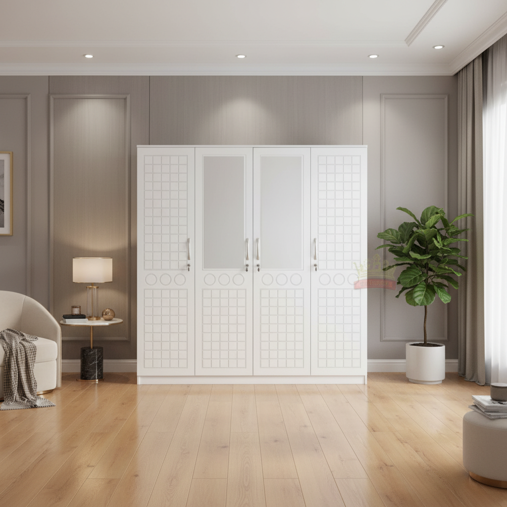 خزانة ملابس بيضاء 4 أبواب مع مرايا وتصميم عصري - 740 WHITE