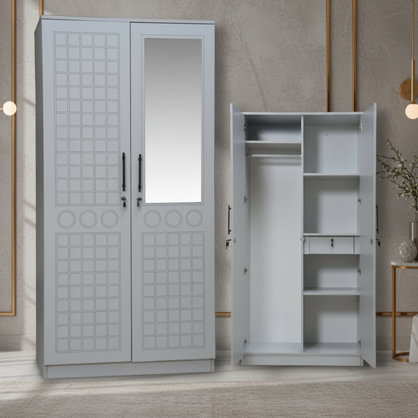 خزانة ملابس عصرية ببابين مع مرآة ونقوش هندسية باللون الرمادي - 720-2D (SIS GRI)