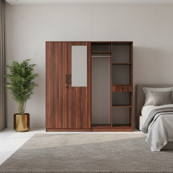 خزانة ملابس خشبية ببابين مع مرآة ونقوش هندسية موديل 722 (APPLE)