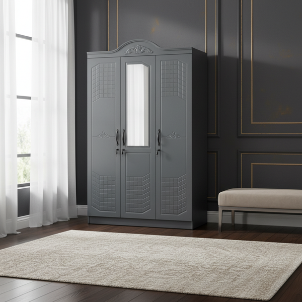 خزانة ملابس أنيقة 3 أبواب مع مرآة وسطية ولون رمادي فاخر موديل S9806-3D - التصفية الشاملة سلطنة عمان