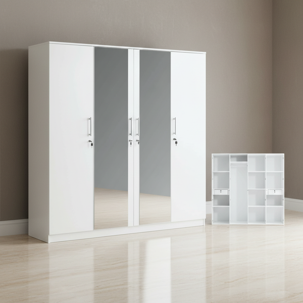 خزانة ملابس مودرن 4 أبواب مع مرايا لون أبيض - 745