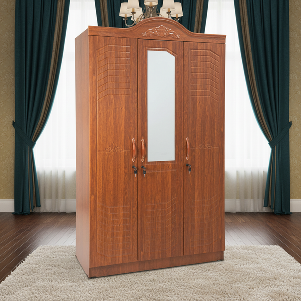 خزانة ملابس خشبية 3 أبواب مع مرآة ولون الكرز - موديل S 9806 - 3