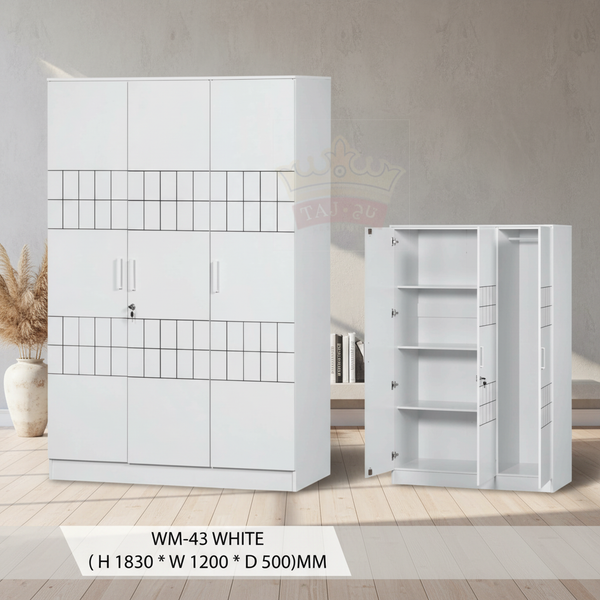 خزانة ملابس عصرية بثلاثة أبواب بلون أبيض نقي - WM-43 WHITE