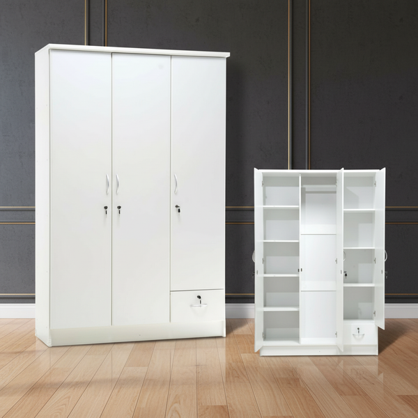 خزانة ملابس 3 أبواب باللون الأبيض مع أدراج وأقفال أمان - موديل 509-WHITE