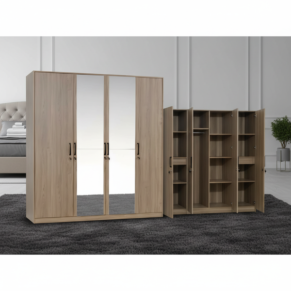 خزانة ملابس خشبية بأربعة أبواب مع مرايا ولون جوزي فاخر - WML 440 (C) WALNUT