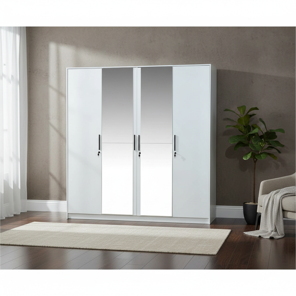 خزانة ملابس عصرية بأربعة أبواب مع مرايا باللون الأبيض - WML-440