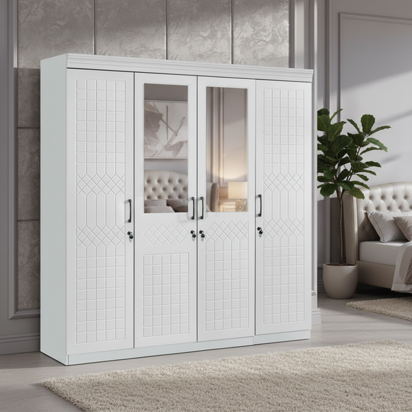 خزانة ملابس بيضاء 4 أبواب مع مرايا بتصميم عصري - 9856-4 SOLID