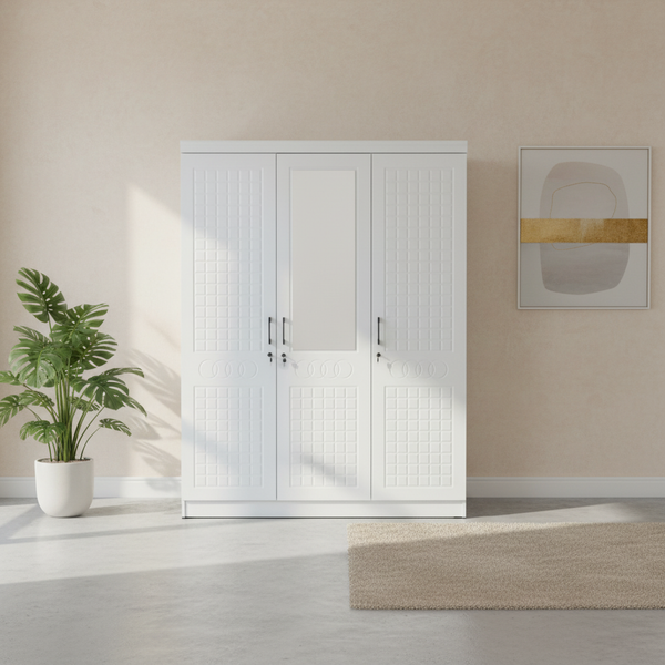 خزانة ملابس عصرية ثلاثية الأبواب مع مرآة باللون الأبيض - A9622-WHITE