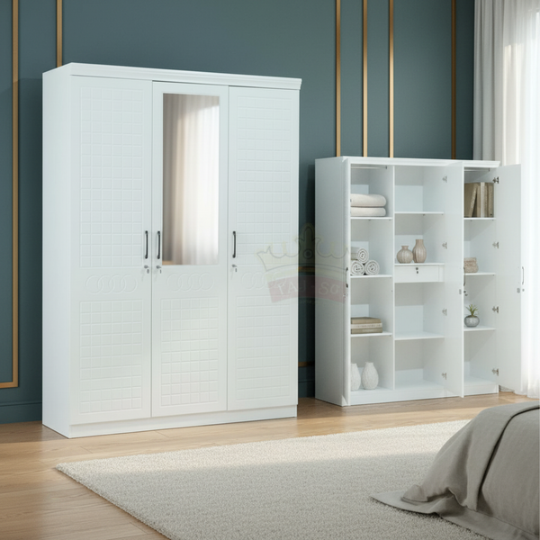 خزانة ملابس عصرية 3 أبواب مع مرآة ولون أبيض - موديل 9622-3D