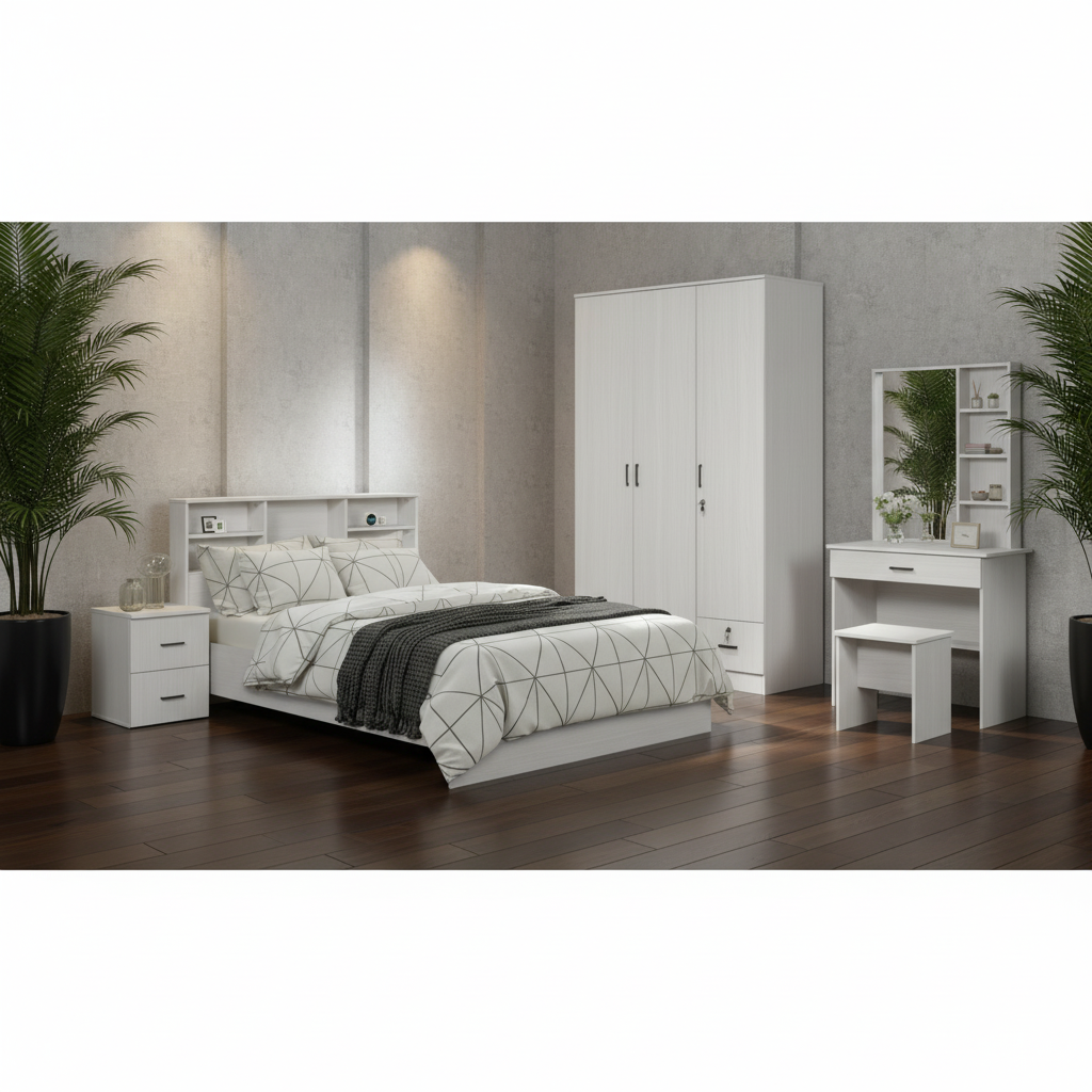 طقم غرفة نوم ماليزي عصري 5 قطع لون أبيض مغسول - BD-0052