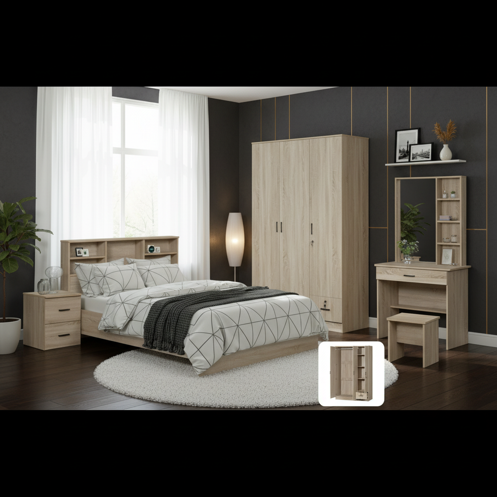 طقم غرفة نوم ماليزي 5 قطع بلون بلوط سونوما - موديل BD-020