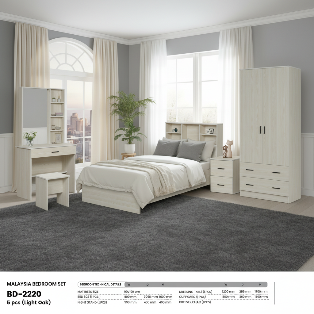 طقم غرفة نوم ماليزي عصري 5 قطع لون بلوط فاتح - BD-2220