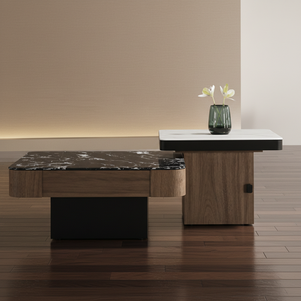 طقم طاولات قهوة مودرن بتصميم متداخل وسطح رخامي فاخر - WT-17# (1+1)