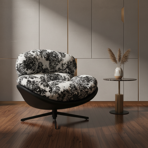 كرسي استرخاء دوار بنقشة أزهار أبيض وأسود - 9024#