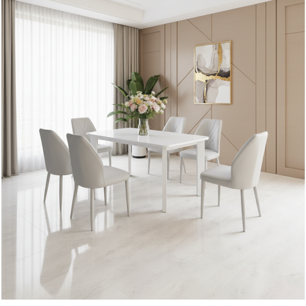 طقم طاولة طعام حديثة باللون الأبيض مع 6 كراسي - T107# (1+6)