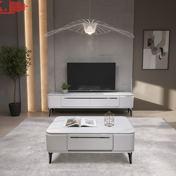 طقم طاولة تلفزيون وطاولة قهوة بتصميم رخامي عصري فاخر - TV517 & 617