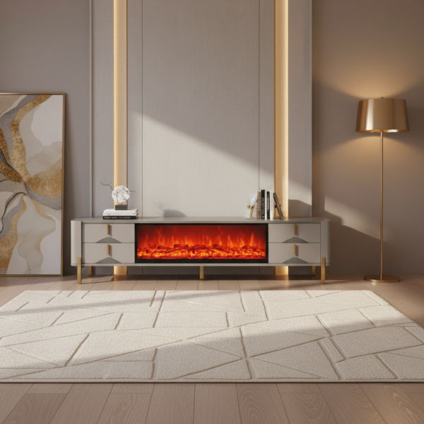 طاولة تلفزيون مودرن مع مدفأة كهربائية مدمجة باللون الرمادي والذهبي - 212-200