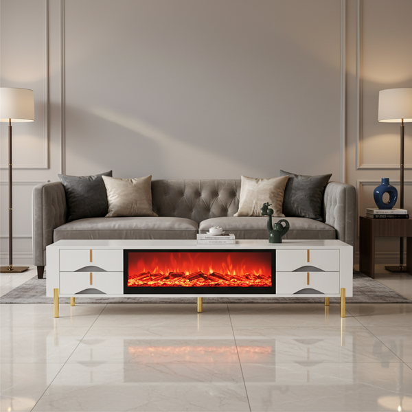 طاولة تلفزيون مودرن فاخرة باللون الأبيض مع مدفأة كهربائية مدمجة - موديل 212-200